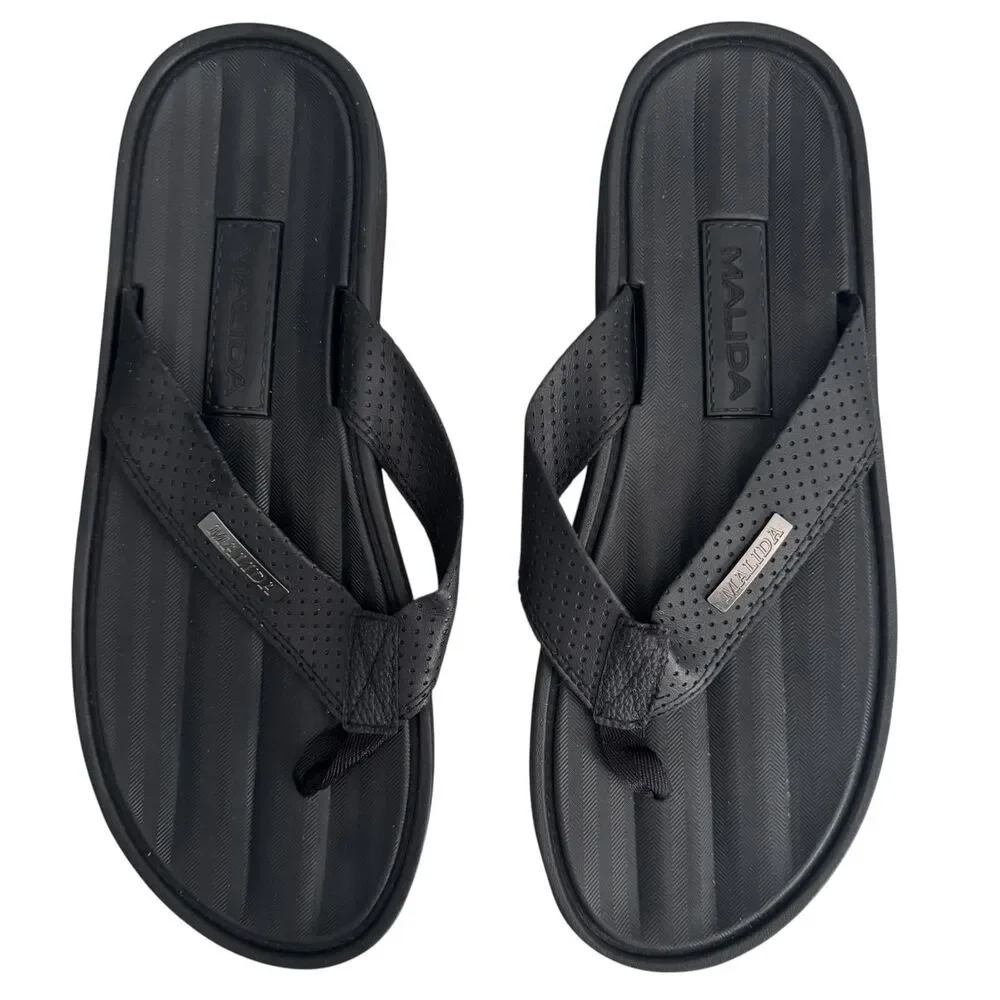 MALIDA Sandals Mens Size 12 Black Thong Flip Flops Comfort Beach Shoes